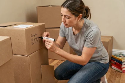 Femme étiquetant des cartons de déménagement à la main dans un salon en cours d'emballage