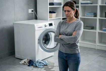 Femme frustrée devant un lave-linge en panne dans une buanderie moderne, illustrant les problèmes de fiabilité des marques de lave-linge