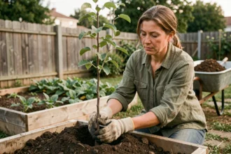 Femme plantant un jeune pommier dans un jardin résidentiel avec des gants de jardinage