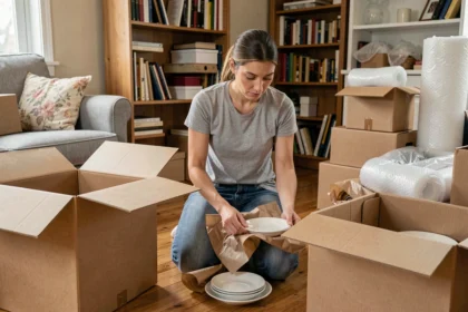Femme préparant des cartons de déménagement en emballant de la vaisselle dans du papier bulle dans un appartement