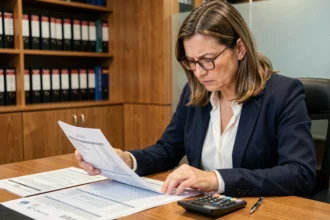 Femme consultant des documents de frais notariaux lors d'une acquisition immobilière dans un bureau de notaire