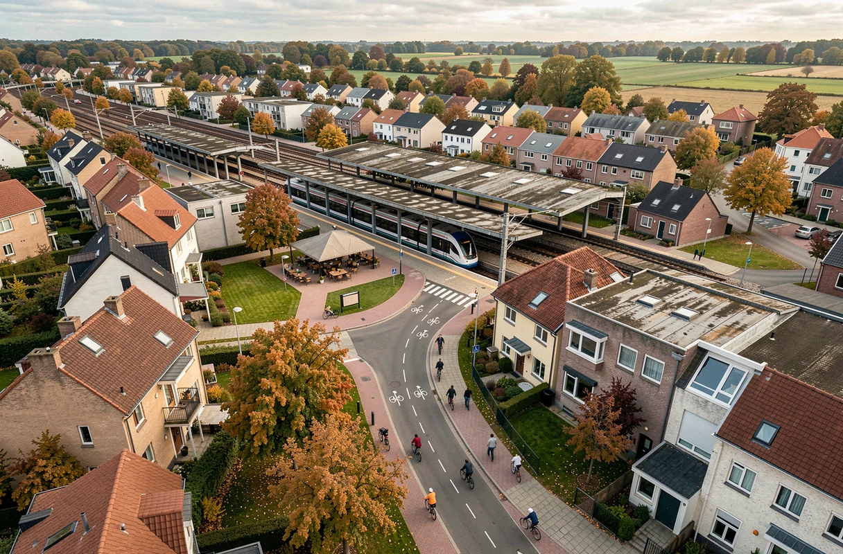 Vue aérienne d'une gare de banlieue entourée de logements résidentiels neufs et de commerces, illustrant l'impact de la proximité ferroviaire sur la valorisation immobilière