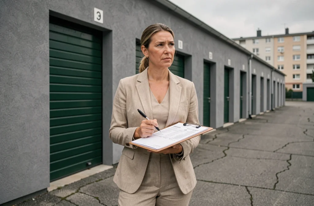 Femme examinant des documents d'assurance devant une rangée de box garages en résidence