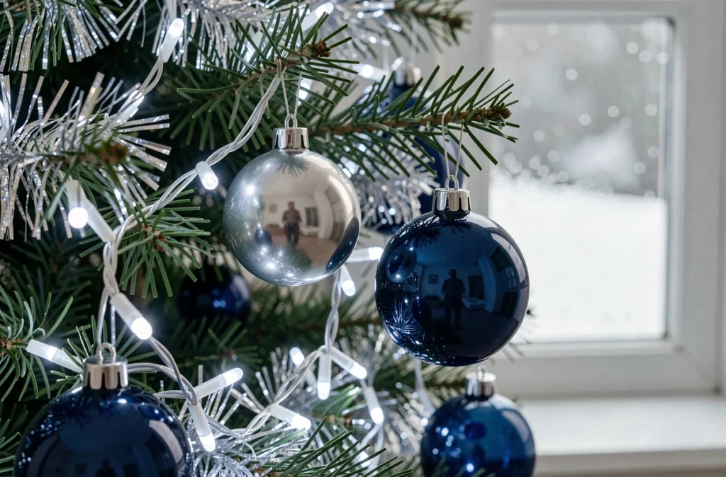 Gros plan sur des branches de sapin de Noël décorées de guirlandes micro LED blanc froid et boules en verre argentées