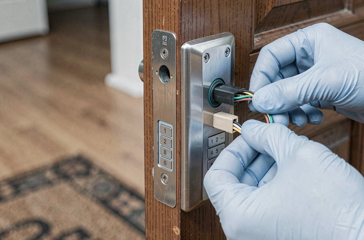 Gros plan sur le mécanisme d'une serrure connectée en cours d'assemblage sur une porte en bois