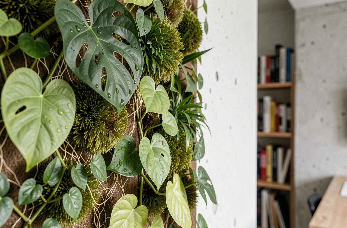 Gros plan sur un mur végétalisé intérieur avec philodendron, ficus rampant et mousse coussin couverts de gouttelettes d'eau