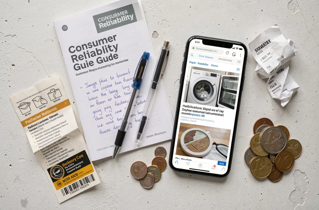 Guide fiabilité lave-linge, notes manuscrites et smartphone affichant des avis consommateurs, symbolisant la comparaison des marques d'électroménager