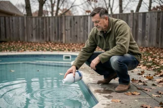 Homme ajoutant un produit hivernant dans une piscine entourée de feuilles mortes en automne