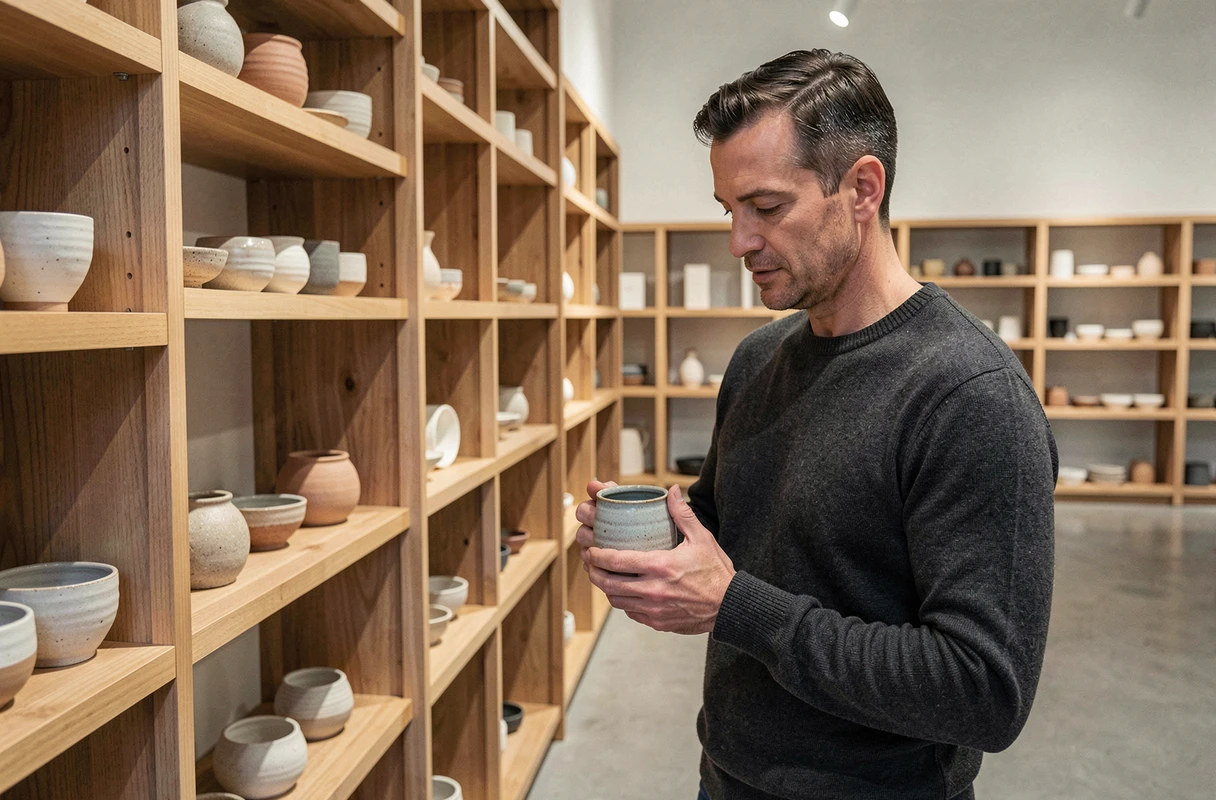 Homme examinant une tasse en grès artisanal dans une boutique de céramique contemporaine au design minimaliste