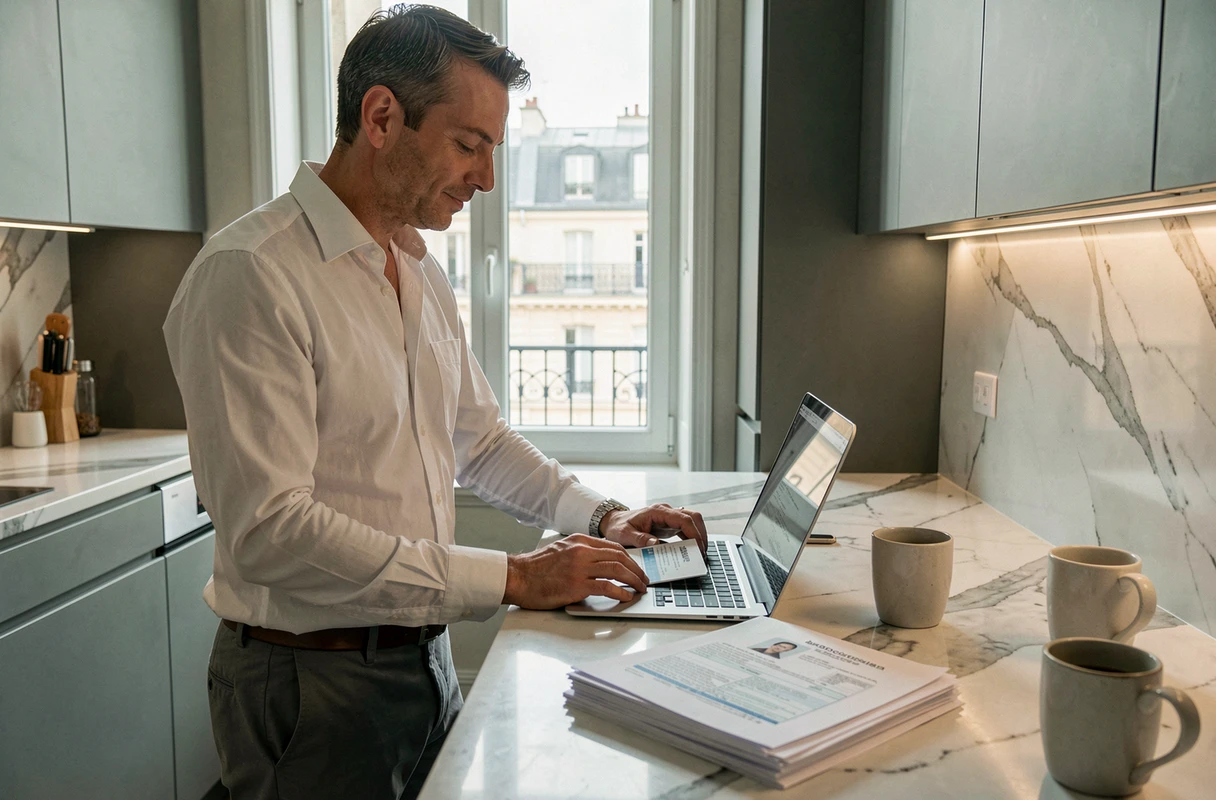 Homme consultant son dossier de location sur ordinateur portable dans une cuisine moderne parisienne avec documents administratifs étalés sur le plan de travail