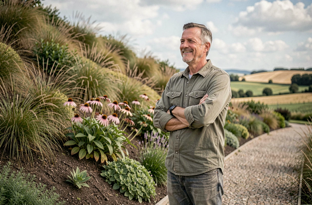 Homme observant un talus planté de graminées ornementales et de plantes couvre-sol résistantes pour un jardin facile d'entretien