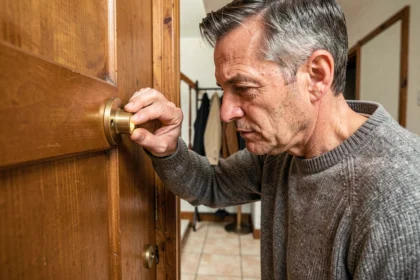 Un homme d'âge mûr regarde à travers un judas optique installé sur une porte d'entrée en bois, vue de l'intérieur