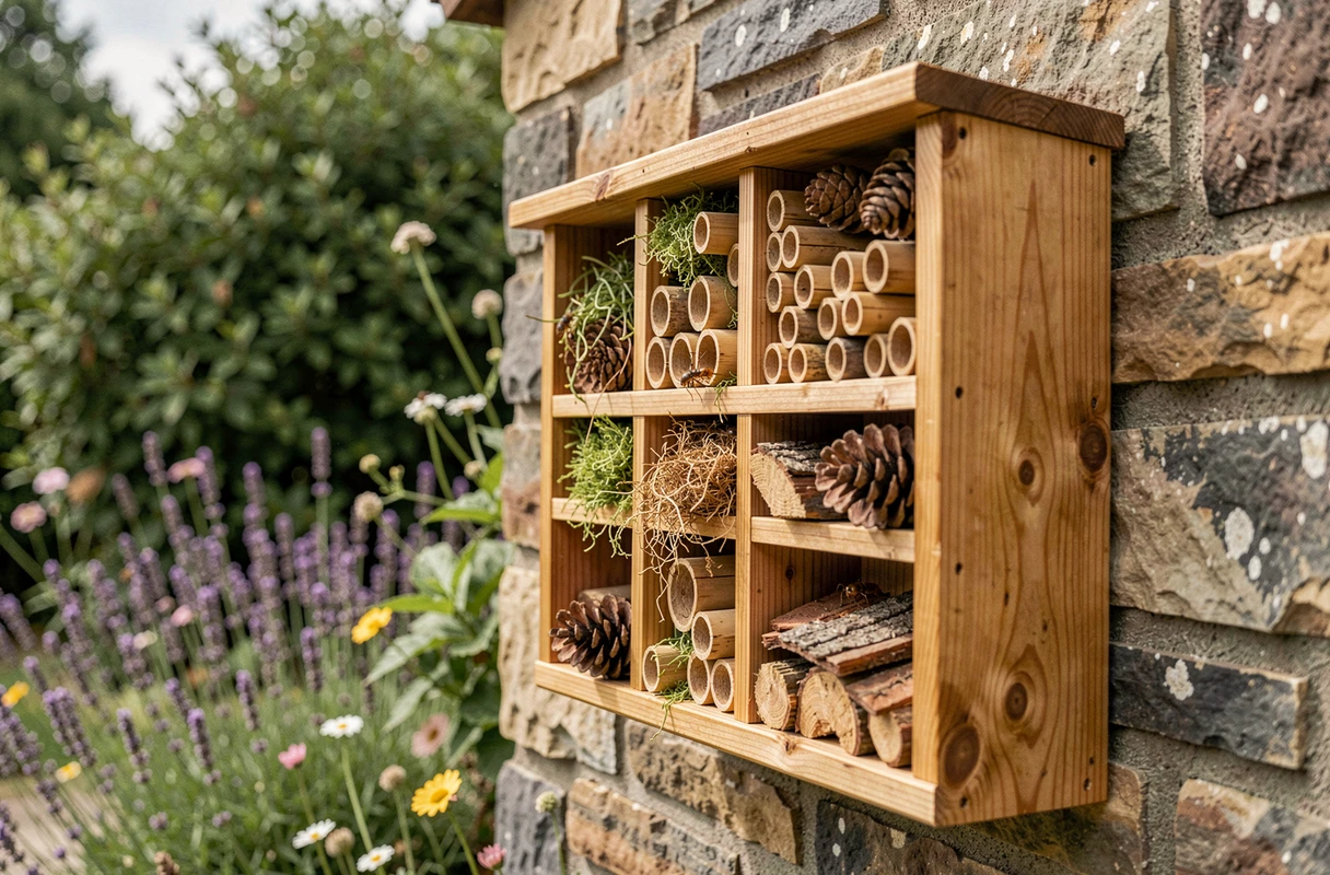 Hôtel à insectes en bois installé dans un jardin écologique pour favoriser les auxiliaires naturels contre les nuisibles
