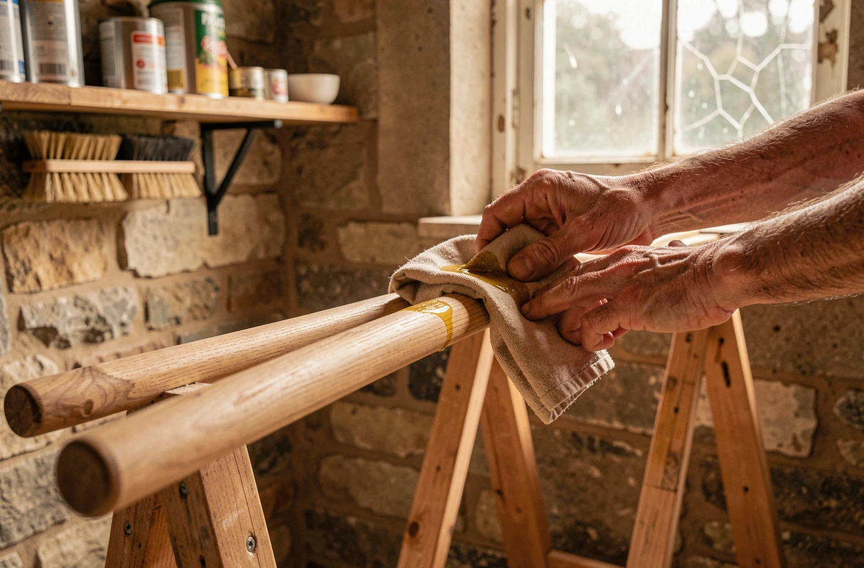 Gros plan de mains masculines appliquant de l'huile de lin sur le manche en bois de frêne d'une fourche de jardin posée sur des chevalets dans une remise en pierre