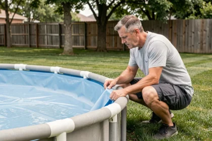 Homme inspectant le liner d'une piscine hors sol avant le remplissage dans un jardin résidentiel