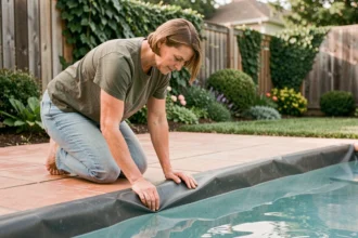 Femme inspectant le liner de sa piscine au bord du bassin dans un jardin