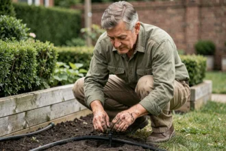 Homme installant un système d'arrosage goutte-à-goutte dans un jardin potager