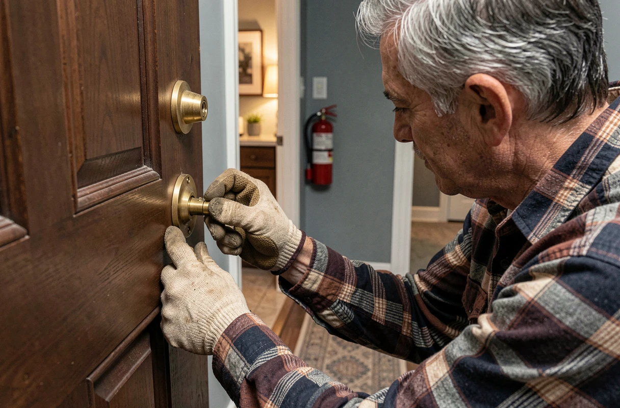 Homme installant un nouveau cylindre laiton dans une porte d'appartement avec plaque de protection visible