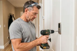 Homme installant une serrure connectée sur une porte intérieure avec un tournevis sans fil