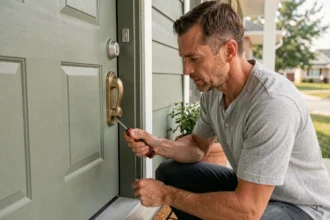 Homme en train d'installer une nouvelle serrure sur la porte d'entrée de son domicile après un déménagement