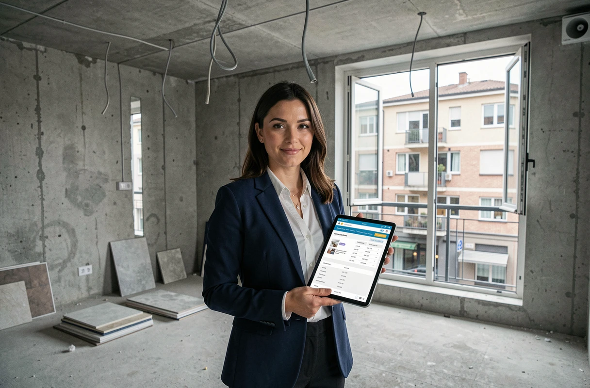 Investisseuse immobilière consultant un devis d'artisan sur tablette dans un appartement en cours de rénovation