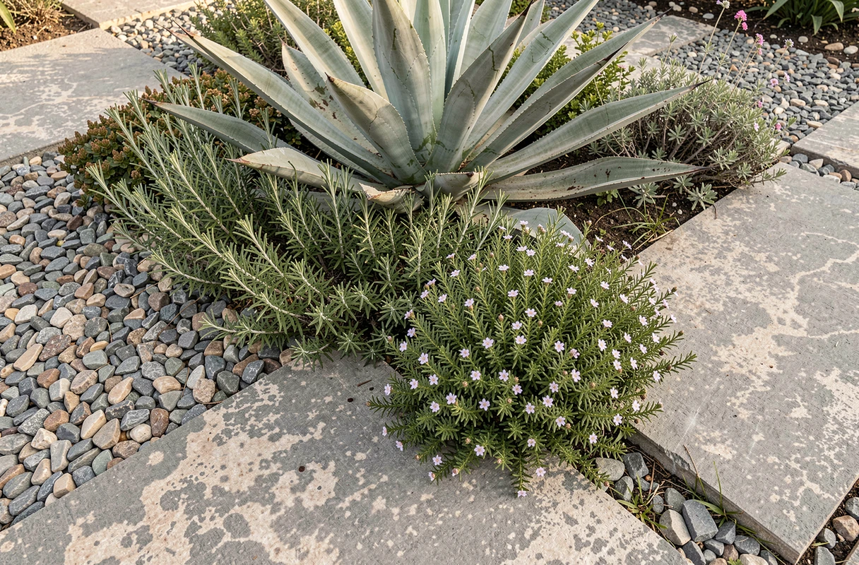 Jardin extérieur sans entretien avec agave, romarin et thym rampant sur des dalles en calcaire