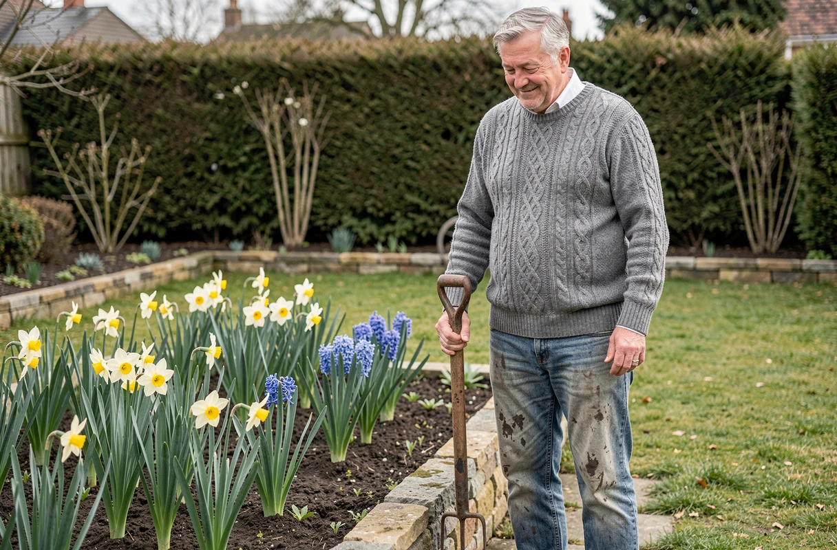 Homme âgé admirant les fleurs de bulbes de printemps en pleine floraison dans son jardin avec une fourche de jardinage