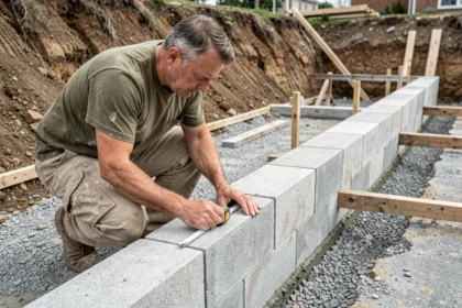 Ouvrier mesurant l'épaisseur d'un mur de parpaings dans un sous-sol enterré en cours de construction