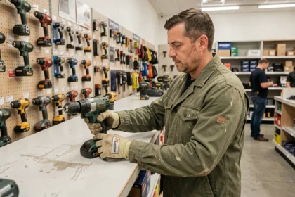 Homme choisissant un outil électrique dans une agence de location d'outils de bricolage et travaux