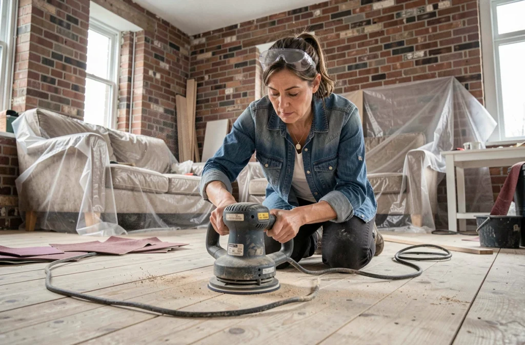 Femme utilisant une ponceuse orbitale louée pour rénover un parquet dans un appartement en travaux