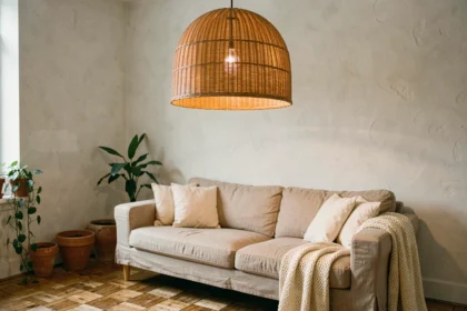 Luminaire en osier tressé suspendu au-dessus d'un canapé en lin dans un salon chaleureux au style scandinave