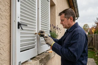Technicien effectuant la maintenance annuelle des volets extérieurs sur une maison résidentielle