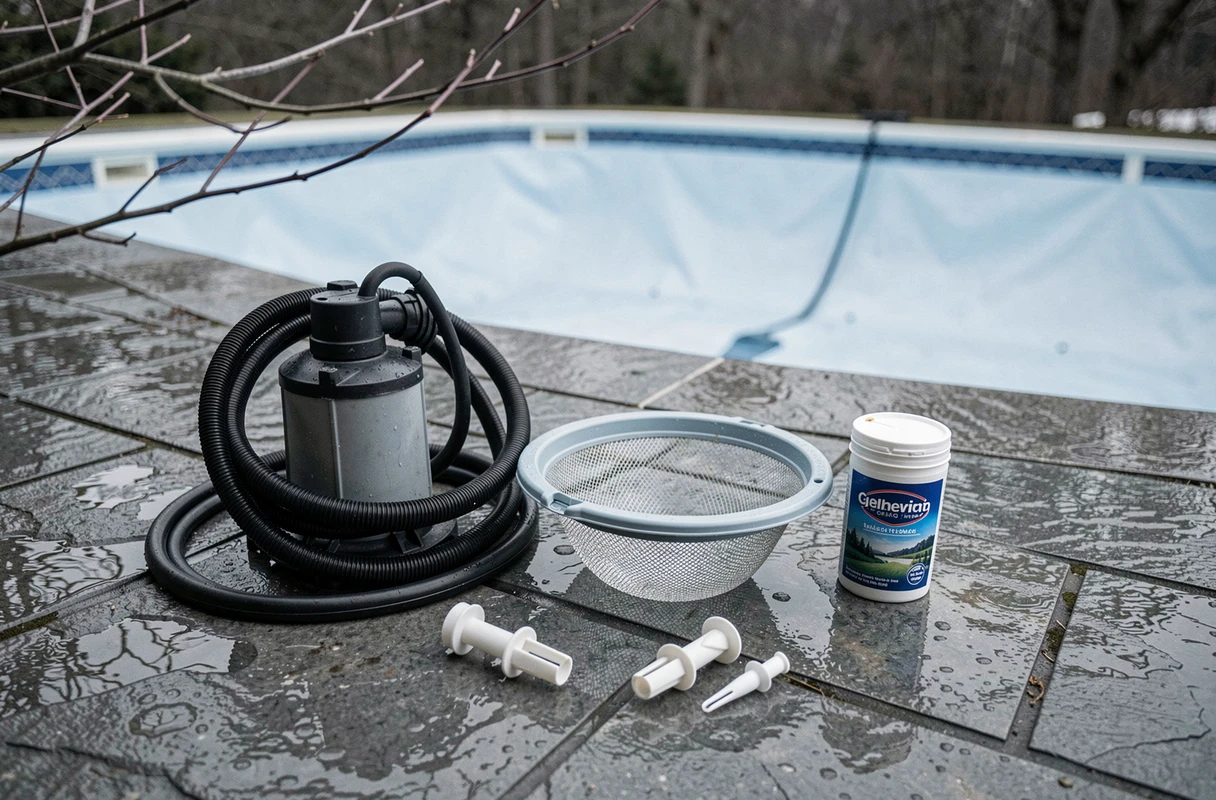 Équipements d'hivernage de piscine disposés sur une terrasse en pierre en automne