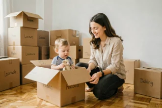 Mère et jeune enfant en bas âge entourés de cartons de déménagement dans un salon à moitié vidé