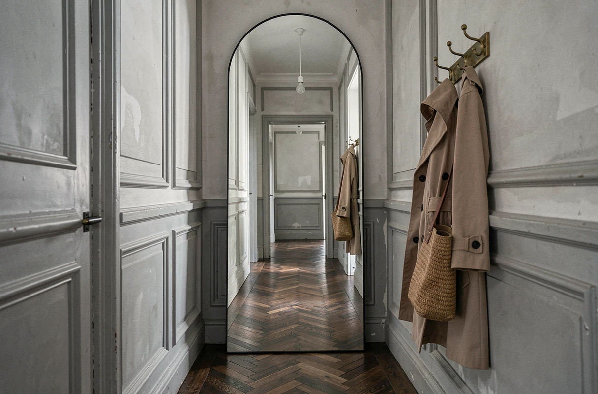Miroir arche XXL à cadre en métal noir dans un couloir étroit d'appartement parisien haussmannien avec parquet en chevrons et moulures anciennes