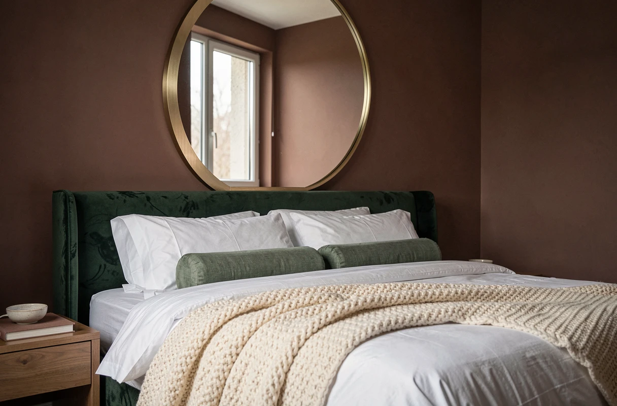 Grand miroir rond XXL à cadre doré brossé au-dessus d'un lit en velours vert dans une chambre contemporaine aux murs en argile mate