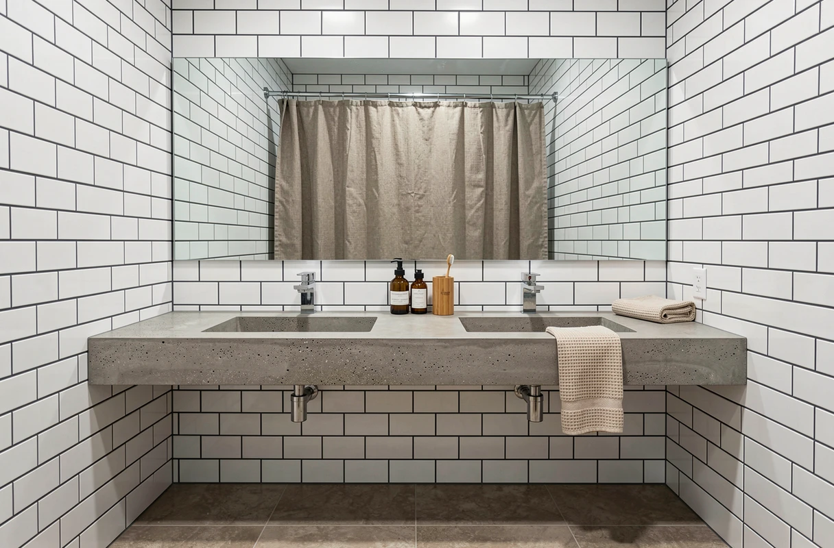 Miroir XXL sans cadre couvrant tout le mur au-dessus d'une double vasque en béton dans une petite salle de bain avec carrelage métro blanc