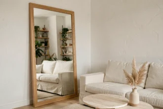 Grand miroir XXL rectangulaire en bois de chêne posé contre un mur blanc dans un salon scandinave minimaliste avec canapé en lin et table en travertin