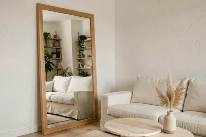 Grand miroir XXL rectangulaire en bois de chêne posé contre un mur blanc dans un salon scandinave minimaliste avec canapé en lin et table en travertin