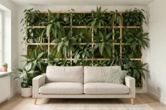 Mur végétalisé intérieur avec fougères et pothos dans un salon scandinave au style minimaliste