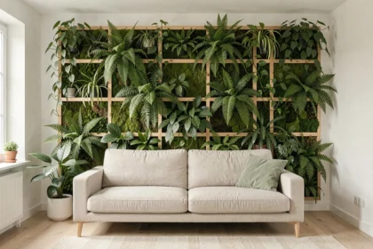 Mur végétalisé intérieur avec fougères et pothos dans un salon scandinave au style minimaliste