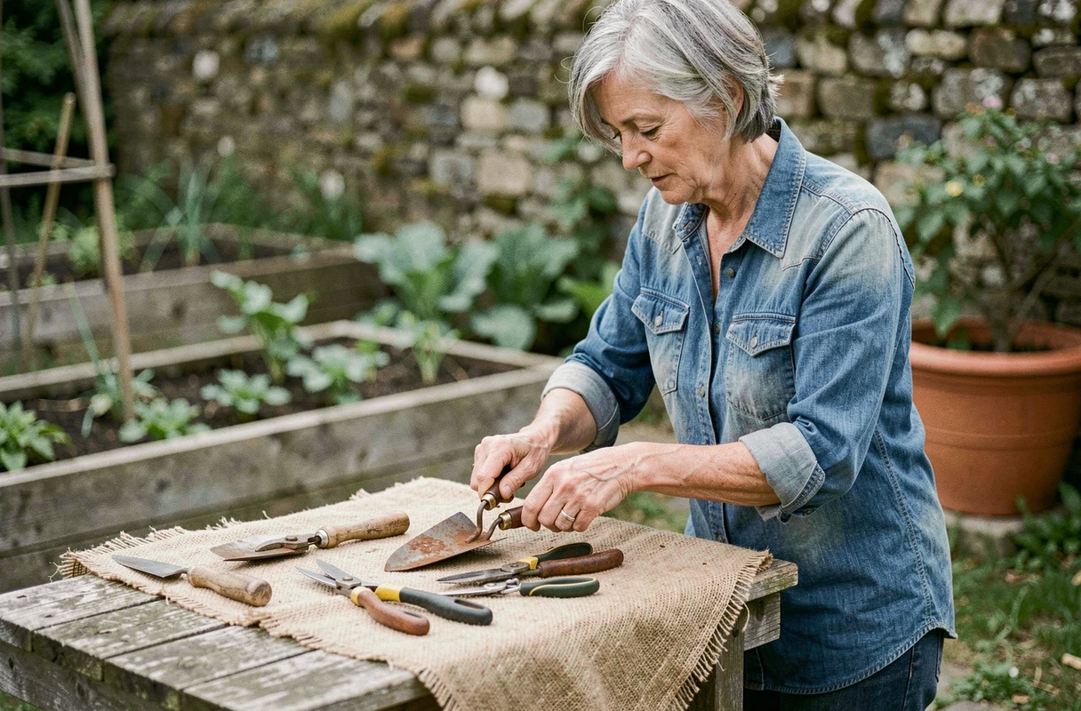 Femme retirant la rouille d'une truelle et d'un sécateur posés sur une toile de jute, sur un établi de jardin en bois patiné à l'extérieur