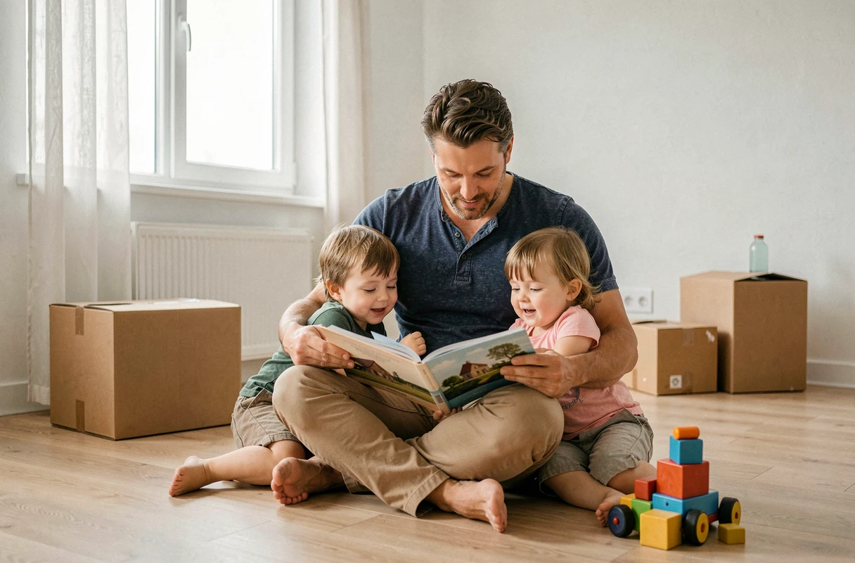 Père lisant un livre illustré à ses deux jeunes enfants assis par terre dans une chambre vide lors d'un déménagement