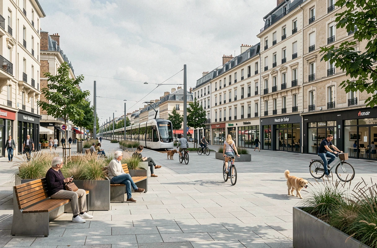 Place publique réaménagée dans un quartier en pleine mutation du 92 avec tramway, commerces et espaces de vie modernes