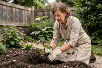 Femme plantant une haie naturelle de charmes dans son jardin résidentiel pour créer une barrière végétale intime