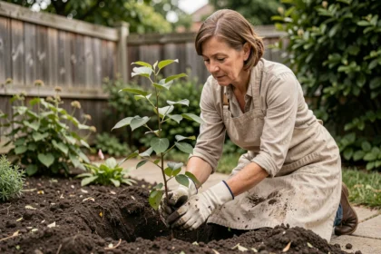 Femme plantant une haie naturelle de charmes dans son jardin résidentiel pour créer une barrière végétale intime