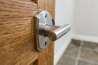 Gros plan sur une poignée de porte en acier inoxydable brossé montée sur une porte en chêne massif, mettant en valeur la robustesse et la qualité du matériau