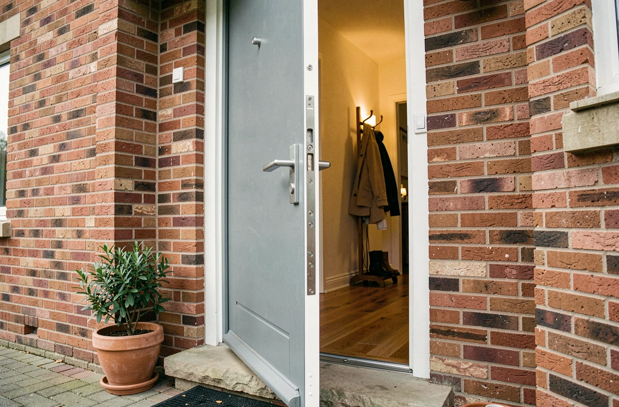 Vue grand angle d'une porte d'entrée résidentielle entrouverte avec une poignée de haute qualité et un système de verrouillage multipoints, illustrant la sécurité d'un logement