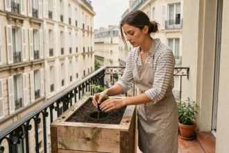Femme jardinant sur un balcon urbain avec un potager surélevé en bois et des plants de tomates