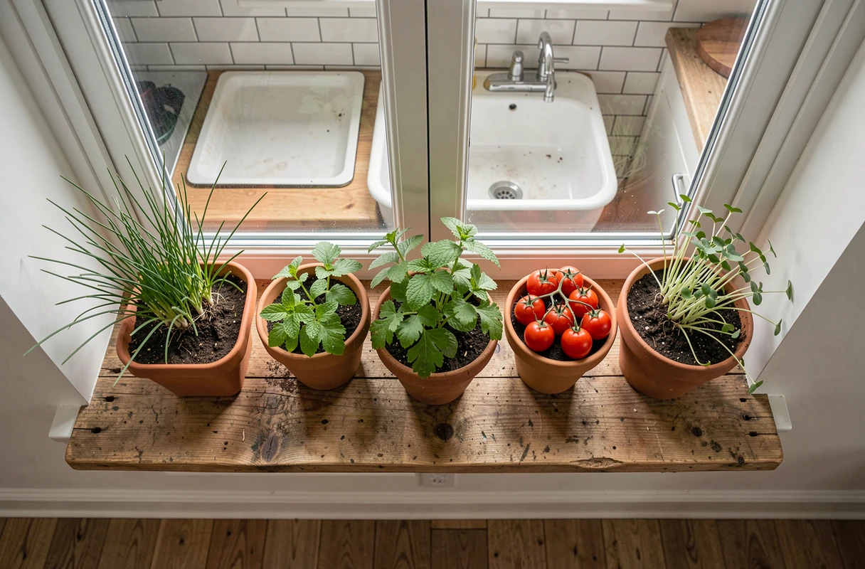 Potager d'intérieur sur rebord de fenêtre avec des herbes aromatiques en pots de terre cuite